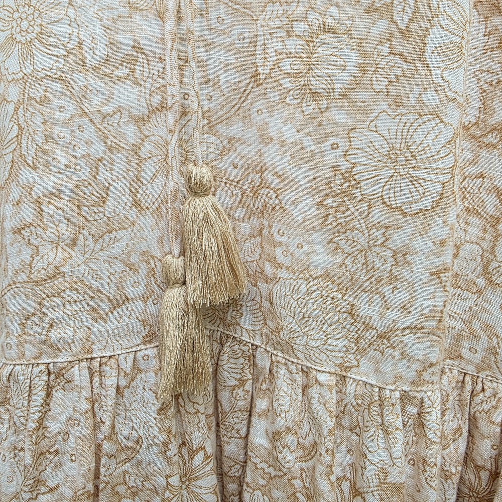 Magaschoni Linen Dress M Beige Floral Boho Prairie Smocked Tassel Midi Romantic - Picture 2 of 7